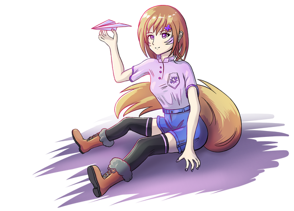 Nova, the foxgirl mascot of Magnetar, themed purple, orange, and blue